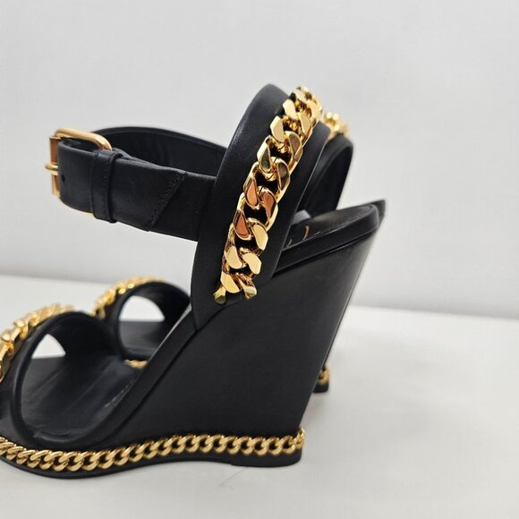 Giuseppe Zanotti Black Leather Chain Link Detail Wedge Sandals Sz 4 US / 34 EUR - Picture 4 of 9